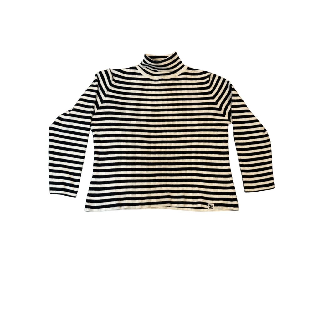 Lucy & Yak Black White Organic Cotton Rib Knit Turtle Neck 3/4 Sleeve Sweater L
